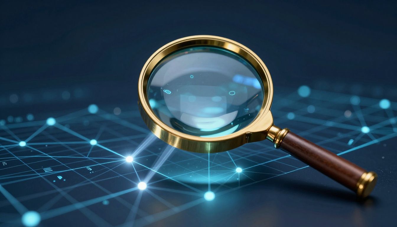 Magnifying glass focusing on illuminated data nodes — search and discovery concept